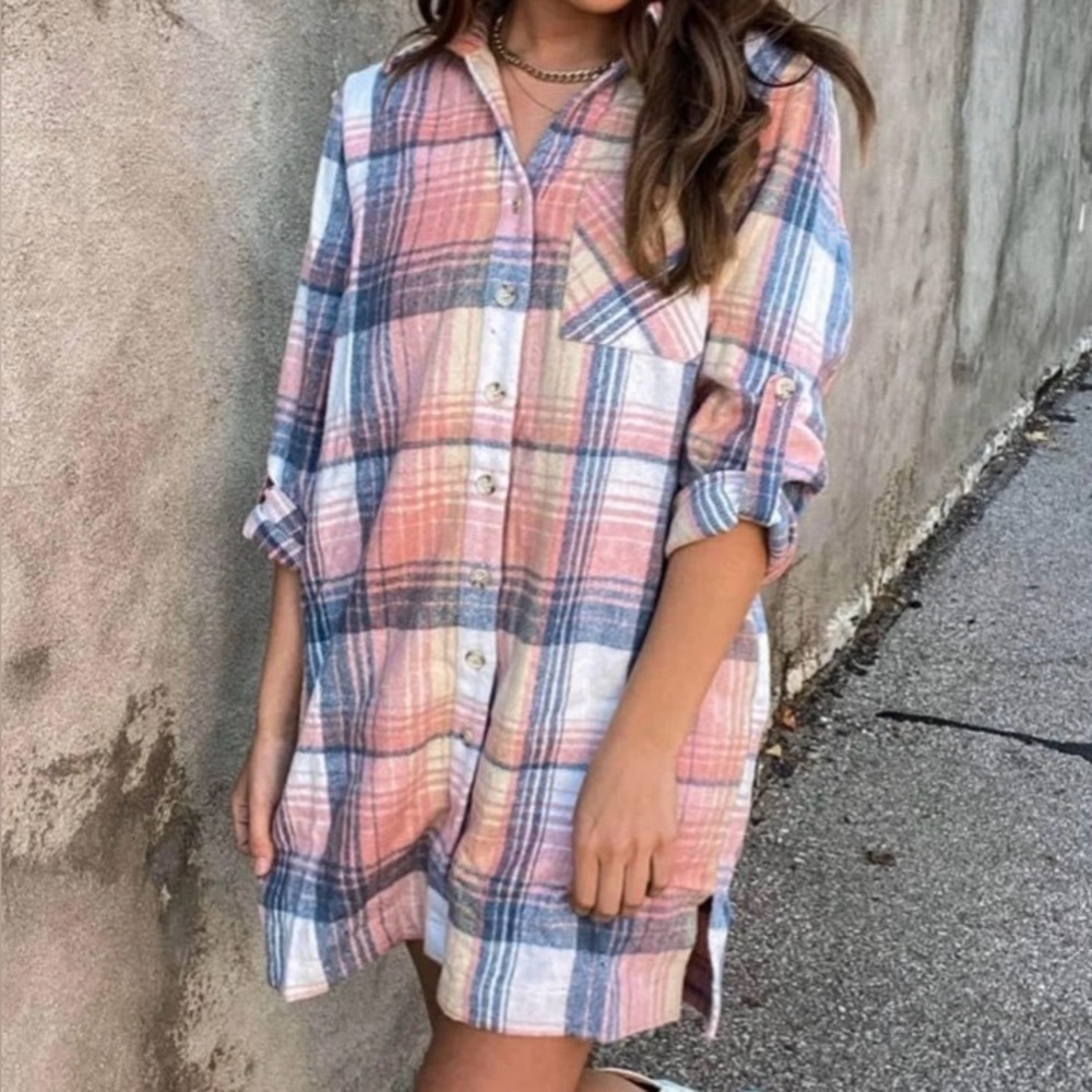 Cozy Co Plaid Flannel Shacket Jacket Long-Lined Layering Shirt Dress Size XS EUC